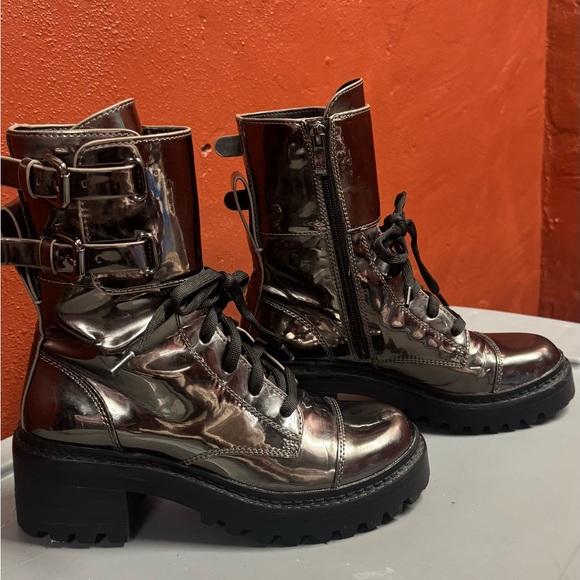 DKNY Metallic Silver Combat Boots - Picture 2 of 10